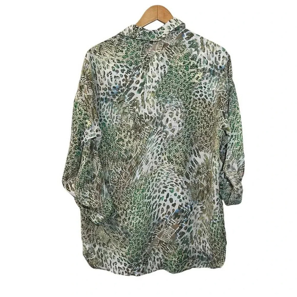 Chicos NWT Green Leopard Print Abstract Button Up Blouse Rhinestone Bling Collar - Picture 2 of 12